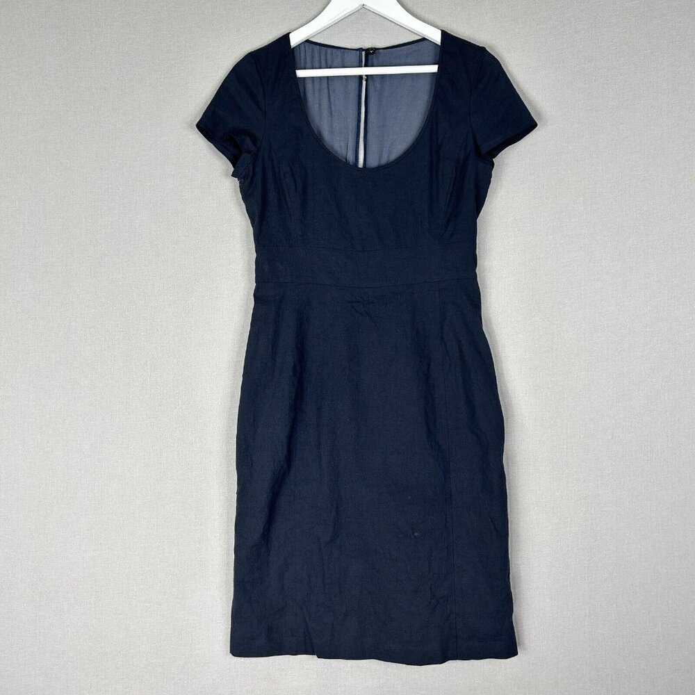 Emporio Armani Womens Dress 44 Blue Linen Sheath Coastal Work Modest Minimalist